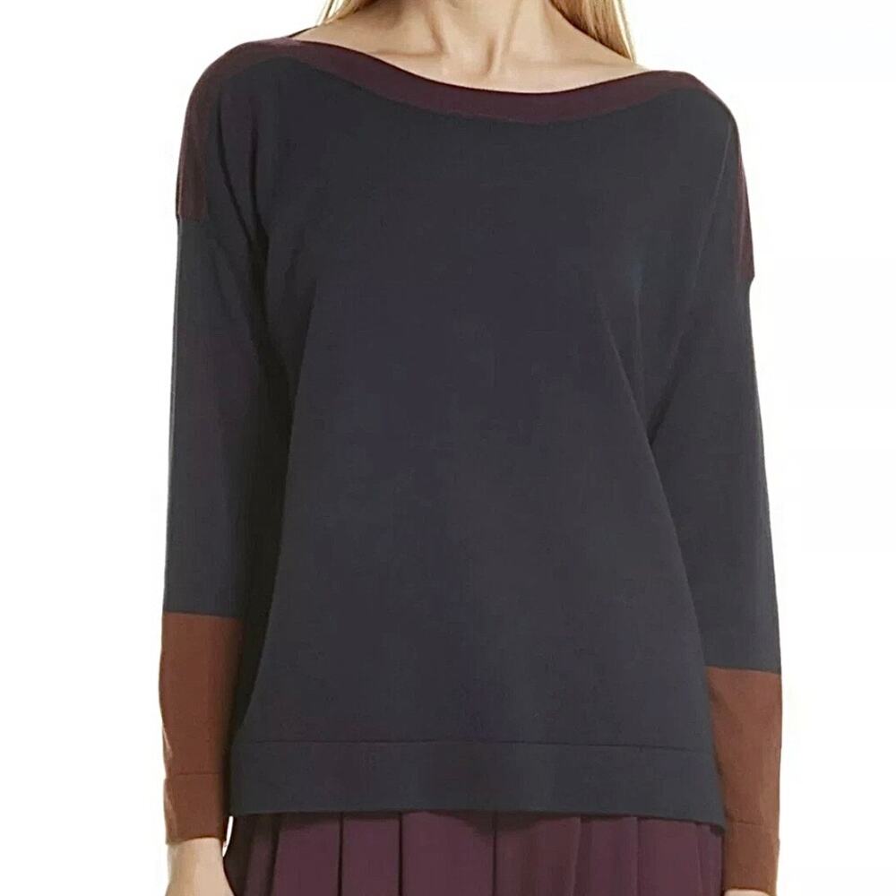 Eileen Fisher Sweater 
Navy Brown Colorblock 
Tencel Lyocell Silk Knit size Lg